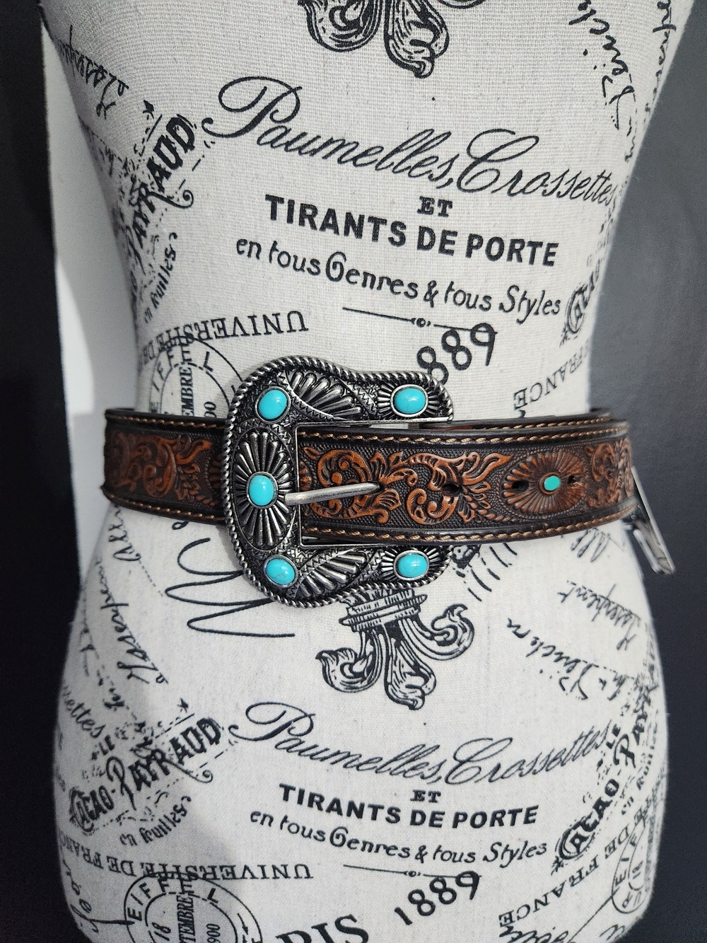 Vintage Brown Tooled Leather Western Belt with Turquoise Accents